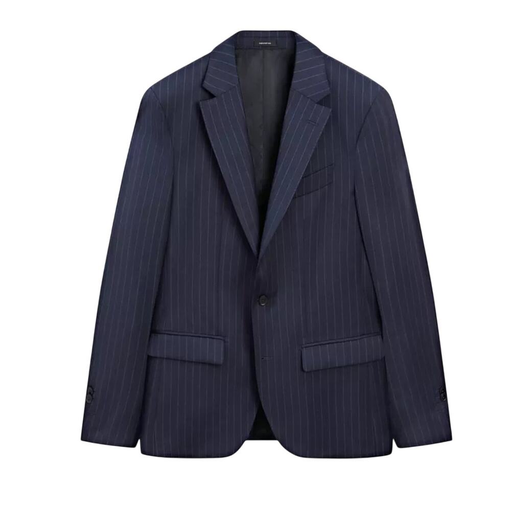 Zara Men 100% Wool Striped Suit Blazer, Size 42, Navy